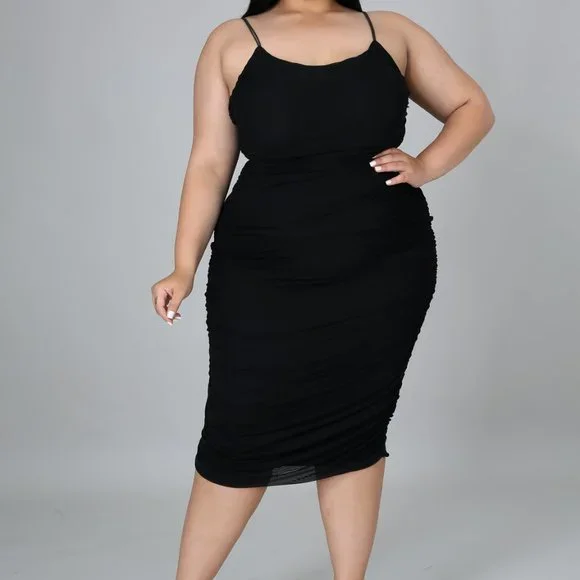 Dresses | Curvy Black Midi Ruched Dress | Poshmark